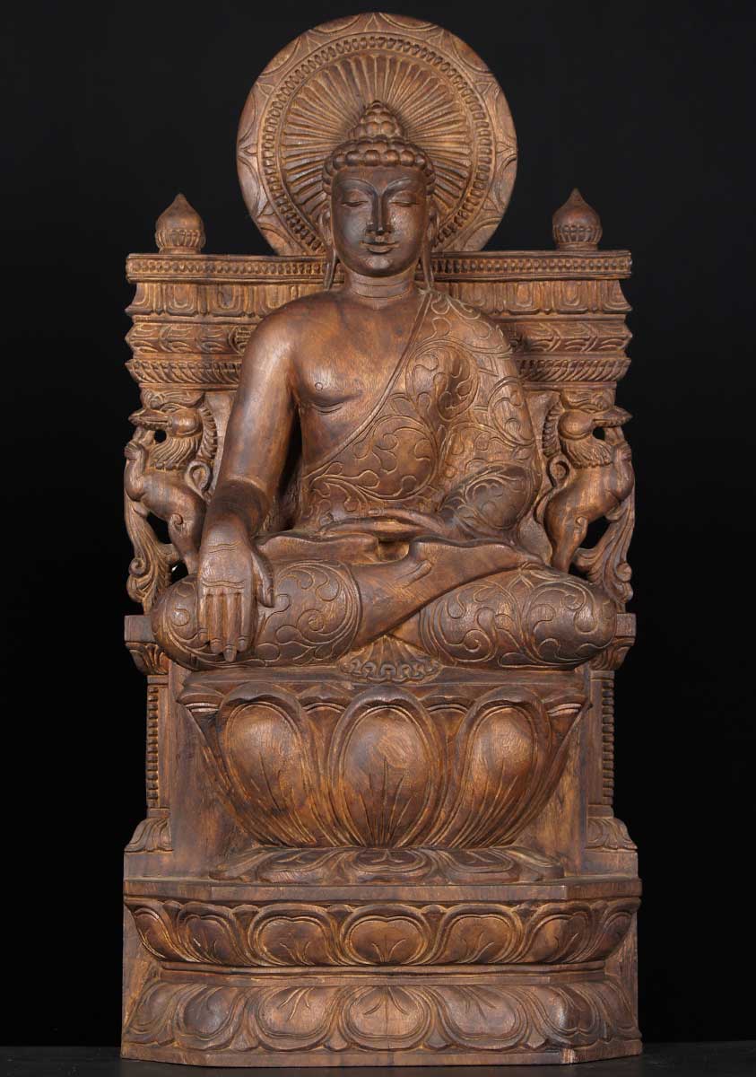 Wooden Earth Touching Buddha Statue 36"